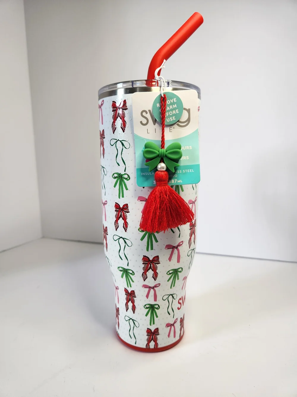 Insulated Holiday Bow Travel Mug with Red Handle and Straw